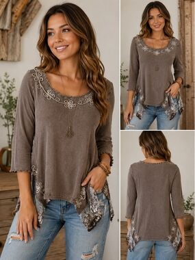 Peruvian Cotton Embroidered Scoop Neck Long-Sleeve Top - Taupe